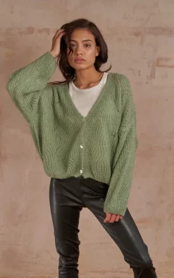 Charli Knitted Button Up Cardigan In Light Green -DRESSES SHOP MILEY CARDI SOFT GREEN 2