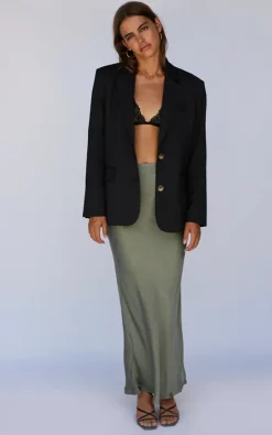 SNDYS Khaki Satin Midi Skirt