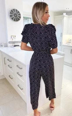 AX Paris Black Pink Polka Dot Pleat Sleeve Jumpsuit -DRESSES SHOP PA339 BLACK 3