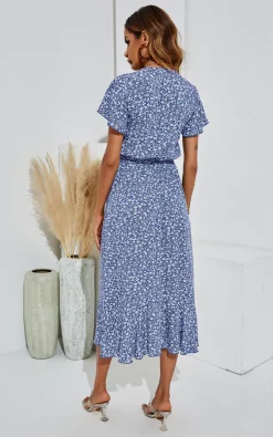 FS Collection Floral Print Wrap Hem Midi Dress In Blue -DRESSES SHOP PHD 448033