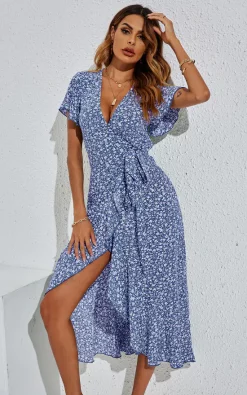 FS Collection Floral Print Wrap Hem Midi Dress In Blue -DRESSES SHOP PHD 449333