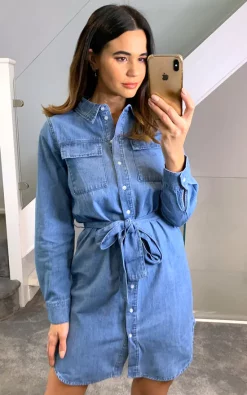 Pieces Denim Shirt Dress With Waist Tie In Medium Blue -DRESSES SHOP Photo 04 01 2022 10 22 29