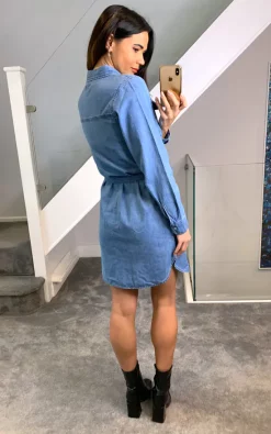 Pieces Denim Shirt Dress With Waist Tie In Medium Blue -DRESSES SHOP Photo 04 01 2022 10 22 45