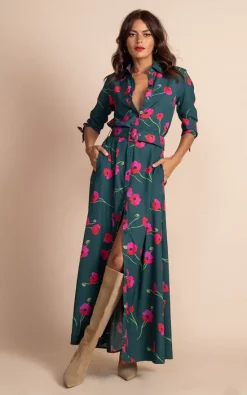 Dancing Leopard Dove Dress In Poppies On Dark Green