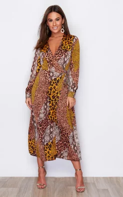 Girl In Mind Adrianna Tie Waist Long Sleeve Wrap Midaxi Dress Animal Print