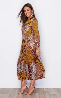 Girl In Mind Adrianna Tie Waist Long Sleeve Wrap Midaxi Dress Animal Print -DRESSES SHOP SI6041 4