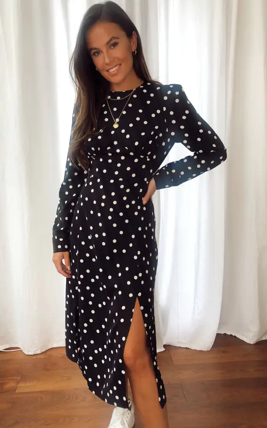 Girl In Mind Cass Long Sleeves Split Leg Midi Dress Polka 1 Girl In Mind Cass Long Sleeves Split Leg Midi Dress Polka