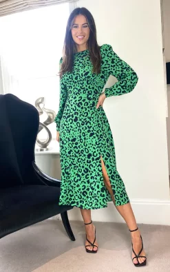 Girl In Mind Cass Long Sleeve Split Leg Midi Dress Bright Green Leopard -DRESSES SHOP SI7015A 1