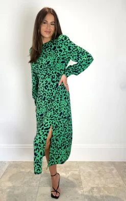Girl In Mind Cass Long Sleeve Split Leg Midi Dress Bright Green Leopard