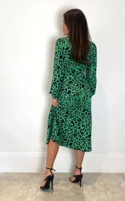 Girl In Mind Cass Long Sleeve Split Leg Midi Dress Bright Green Leopard -DRESSES SHOP SI7015A 3