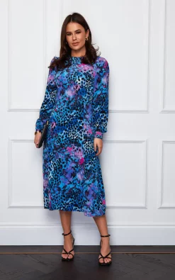 Girl In Mind Cass Long Sleeve Split Leg Midi Dress Blue/Purple Animal