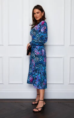 Girl In Mind Cass Long Sleeve Split Leg Midi Dress Blue/Purple Animal -DRESSES SHOP SI7015 4
