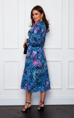 Girl In Mind Cass Long Sleeve Split Leg Midi Dress Blue/Purple Animal -DRESSES SHOP SI7015 5