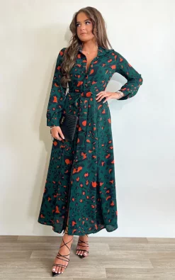 Girl In Mind Brielle Long Sleeve Shirt Maxi Dress Emerald/Orange Leopard