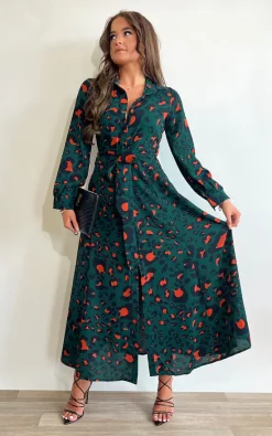 Girl In Mind Brielle Long Sleeve Shirt Maxi Dress Emerald/Orange Leopard -DRESSES SHOP SI7049 C.4