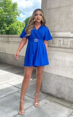 Girl In Mind Alice Angel Sleeves Gold Buckle Playsuit Cobalt