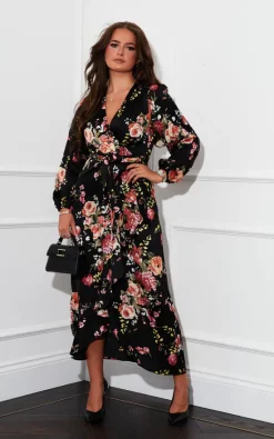 Girl In Mind Thea Black Floral Long Sleeve Wrap Midaxi Dress