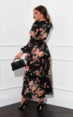 Girl In Mind Thea Black Floral Long Sleeve Wrap Midaxi Dress -DRESSES SHOP SI7357A 4