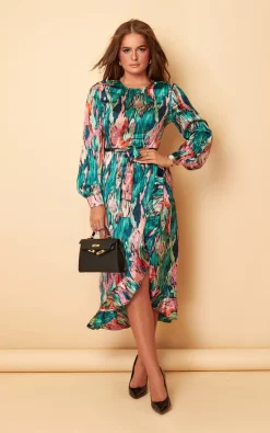 Girl In Mind Danica Teal & Pink Tie Dye Frill Skirt Long Sleeve Midi Dress