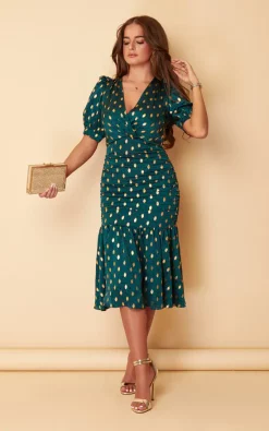 Girl In Mind Nylah Emerald With Gold Foil Puff Sleeve Ruching Detail Midi Dress