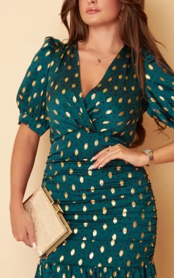 Girl In Mind Nylah Emerald With Gold Foil Puff Sleeve Ruching Detail Midi Dress -DRESSES SHOP SI7393C 4