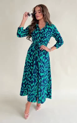 Girl In Mind Brielle Navy & Green Leopard Print Long Sleeve Shirt Maxi Dress