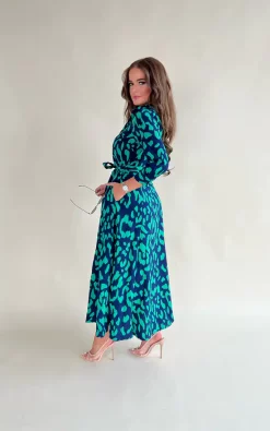 Girl In Mind Brielle Navy & Green Leopard Print Long Sleeve Shirt Maxi Dress -DRESSES SHOP SI7433C8
