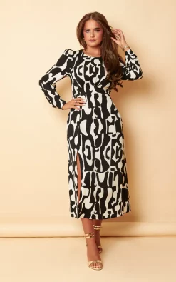 Girl In Mind Ashanti Abstract Monochrome Long Sleeve Split Midi Dress