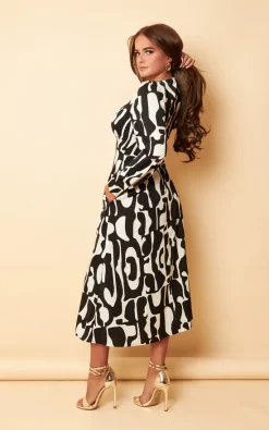 Girl In Mind Ashanti Abstract Monochrome Long Sleeve Split Midi Dress -DRESSES SHOP SI7472B5