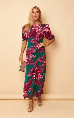 Girl In Mind Lucy Pink & Green Floral High Neck Ruched Midi Dress