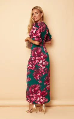 Girl In Mind Lucy Pink & Green Floral High Neck Ruched Midi Dress -DRESSES SHOP SI7523A5