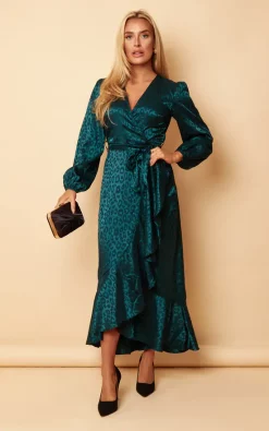 Girl In Mind Julia Emerald Leopard Wrap Over Maxi Dress