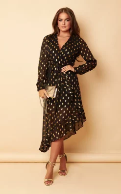 Girl In Mind Tanya Black & Gold Foil Asymmetric Midi Dress