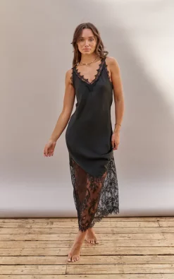 Charli Satin V Neck Slip Dress With Lace Detail In Black