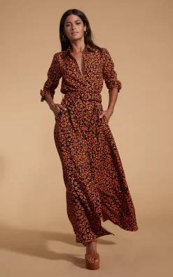 Dancing Leopard Dove Dress In Orange On Black Leopard