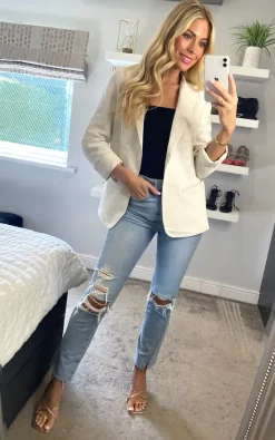 Anastasia Fashions Anastasia Dark Beige Rib 3/4 Sleeve Roll Cuff Blazer