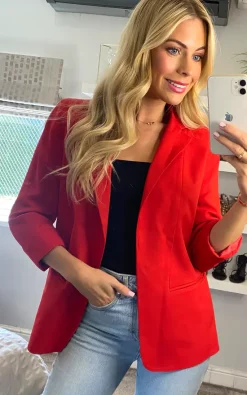 Anastasia Fashions Anastasia Red 3/4 Sleeve Roll Cuff Blazer