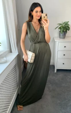 SIGNAGE Sleeveless Wrap Maxi Dress In Khaki