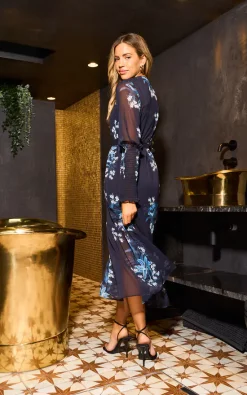URBAN TOUCH Floral Print Long Sleeve Midi Dress With Button Navy -DRESSES SHOP UTAW22016Navy003