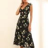 Miss Floral Floral Print Cap Sleeve Split Midi Dress In Black