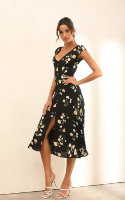 Miss Floral Floral Print Cap Sleeve Split Midi Dress In Black -DRESSES SHOP WS D 0097 4