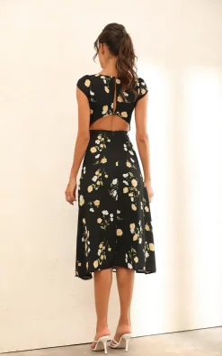Miss Floral Floral Print Cap Sleeve Split Midi Dress In Black -DRESSES SHOP WS D 0097 7