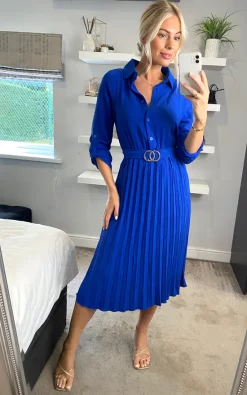 Mela London Mela Pleated Skirt Midi Dress With Gold Buckle In Blue
