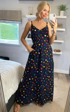 Yumi Heart Spot Maxi Summer Dress In Black