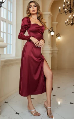 FS Collection Long Sleeve Split Dress In Wine Red 7 FS Collection Long Sleeve Split Dress In Wine Red -DRESSES SHOP ak4839