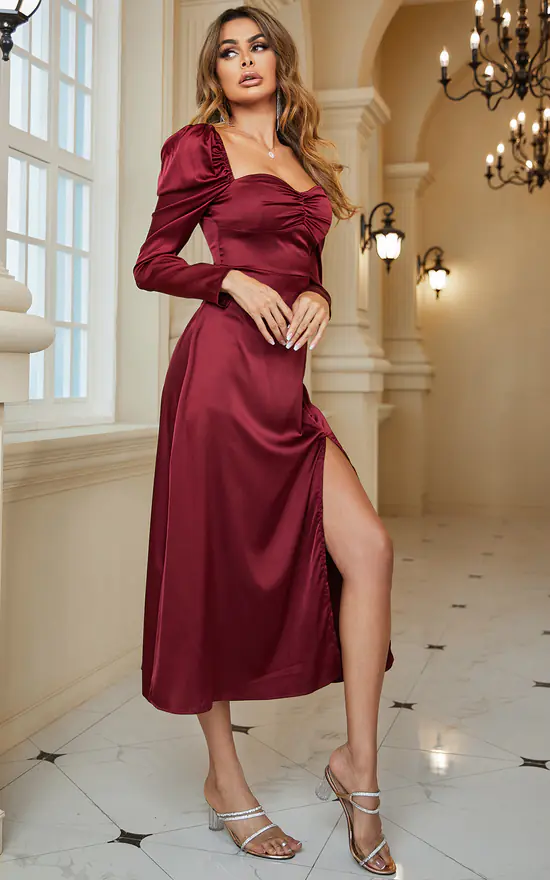 FS Collection Long Sleeve Split Dress In Wine Red 4 FS Collection Long Sleeve Split Dress In Wine Red - Image 4