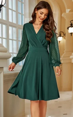 FS Collection Long Lace Sleeve Wrap Style Dress In Green
