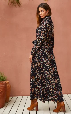 FS Collection Leaf Print Black Maxi Shirt Dress With Tie Waist + Free Gold Stretch Leaf Belt -DRESSES SHOP am7617