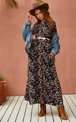 FS Collection Leaf Print Black Maxi Shirt Dress With Tie Waist + Free Gold Stretch Leaf Belt -DRESSES SHOP am7633