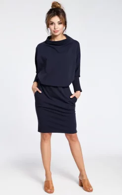 MOE Navy Blue Dress With A Knee Length Pencil Skirt -DRESSES SHOP b032 navyblue 2